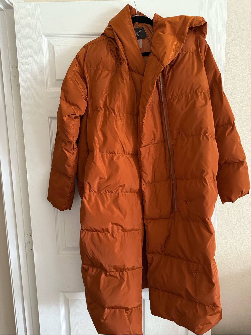 Calia Long Puffer Coat in Burnt Orange